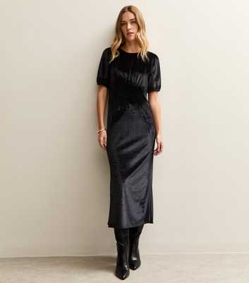 Black Velvet Puff Sleeve Midi Dress