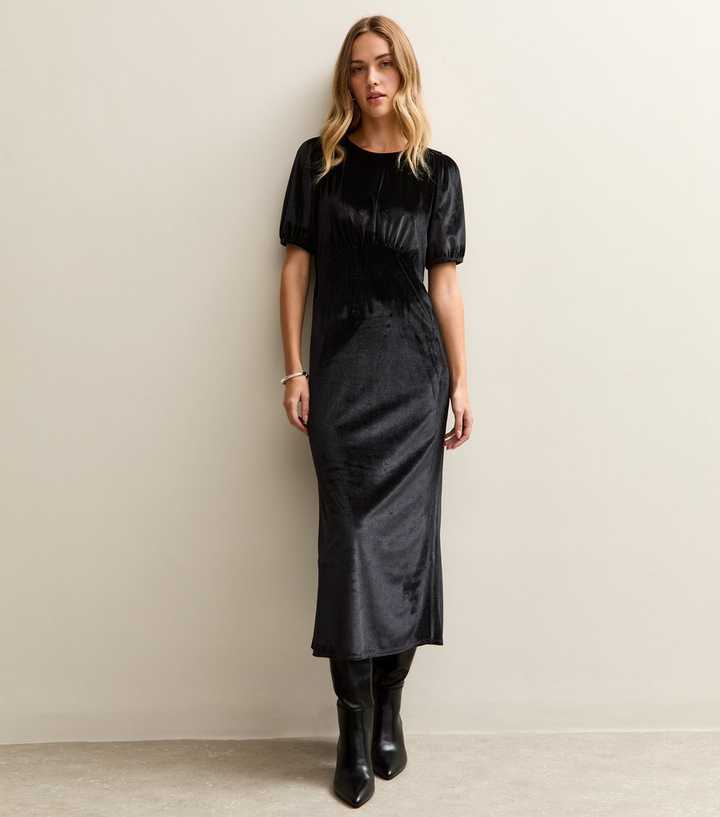 Black Velvet Puff Sleeve Midi Dress