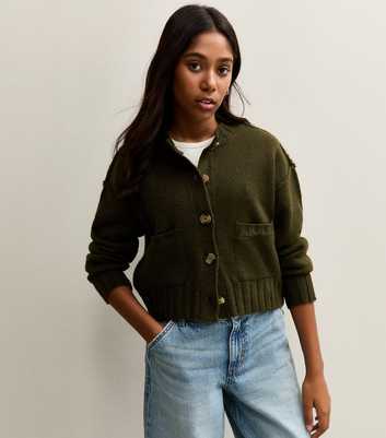 Girls Dark Khaki Chunky Front Pocket Cardigan