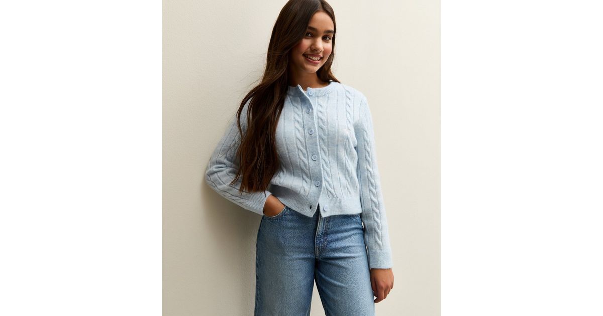 Girls Light Blue Star Embroidered Cable Knit Cardigan New Look