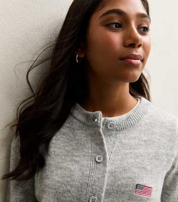 Girls Grey American Flag Embroidered Cardigan