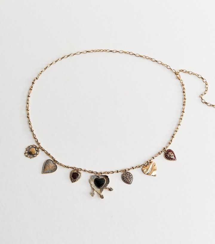 Gold Tone Heart Charm Chain Belt