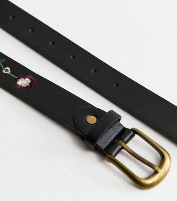 Black Faux Leather Embroidered Flower Belt | New Look