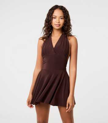 Pink Vanilla Brown Slinky Jersey Halterneck Mini Dress