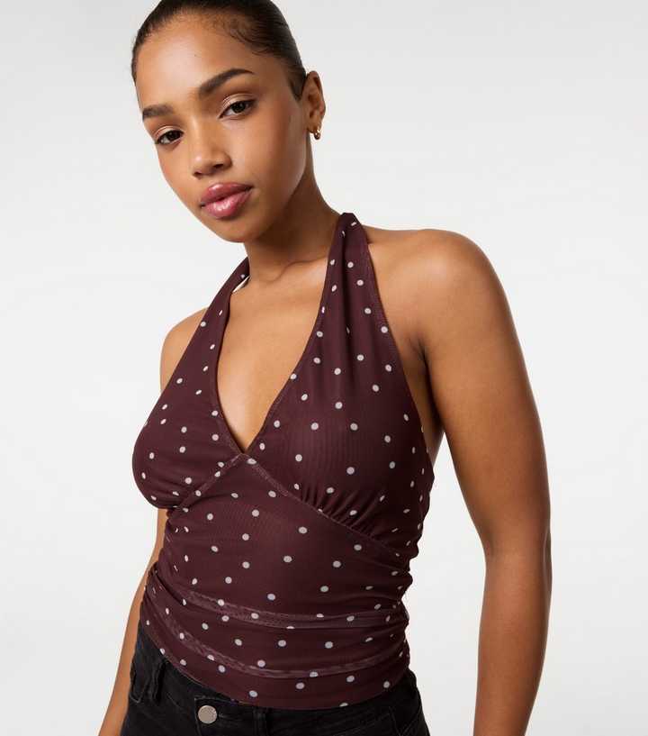 Pink Vanilla Dark Brown Polka Dot Halter Neck Top