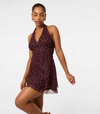 Pink Vanilla Dark Brown Polka Dot Halter Neck Mini Dress