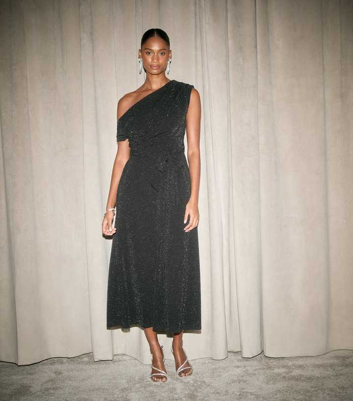 Black Metallic Cowl Neck Midi Dress | New Look