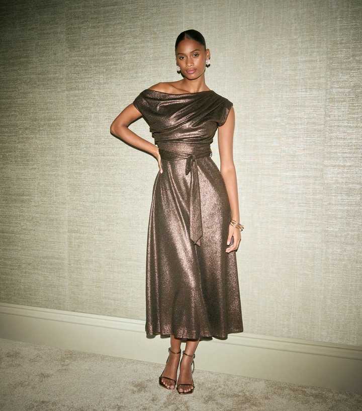 Bronze Metallic Cowl Neck Midi Dress