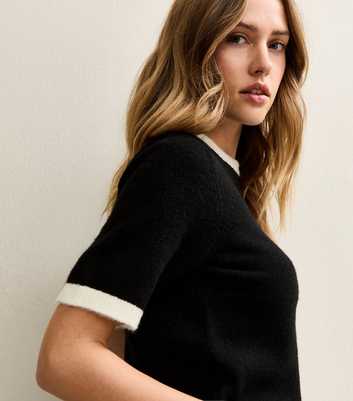 Black Knit Contrast Rib T-Shirt