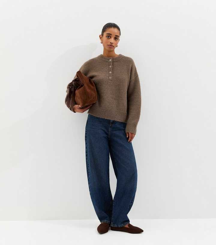 Dark Mink Brushed Henley Jumper