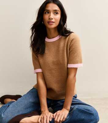 Petite Camel Midweight Knit Contrast Tipping Top