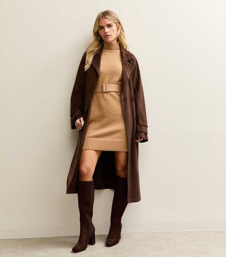 Petite Camel Belted Knit Mini Dress