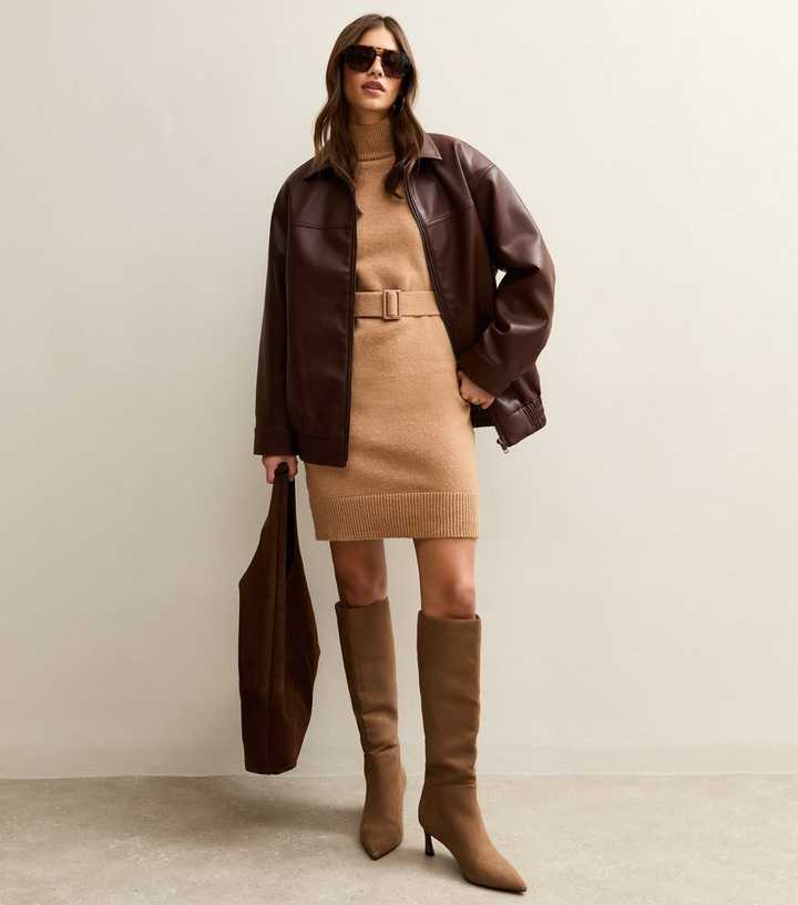 Camel High Neck Belted Mini Dress