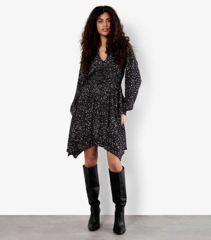 Apricot Grey Leopard Print Handkerchief Hem Dress