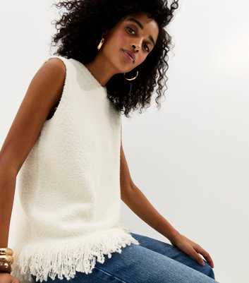 Cream Boucle Fringed Hem Tabard Top