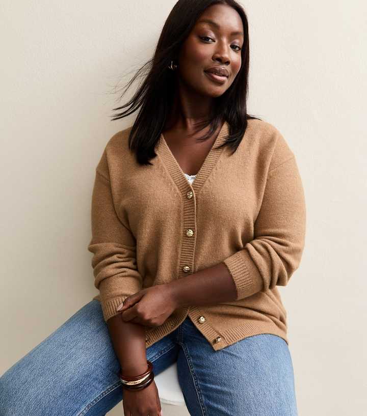 Curves Camel V-Neck Boyfriend Cardigan
