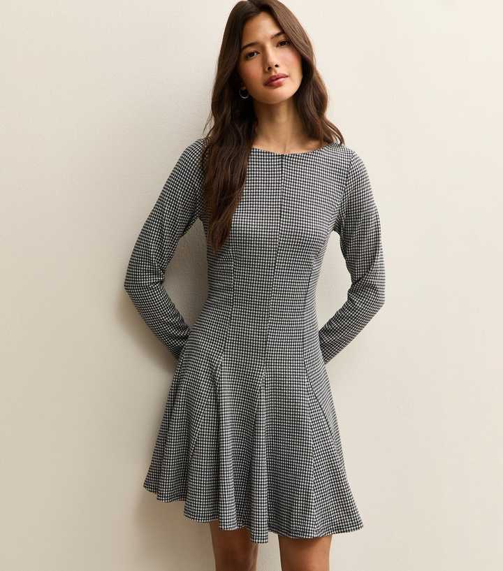 Black and White Check Sash Neck Skater Mini Dress