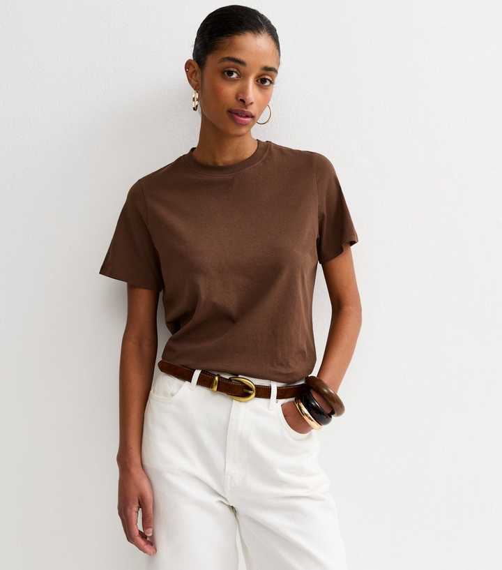 Dark Brown Cotton Crew Neck T-Shirt