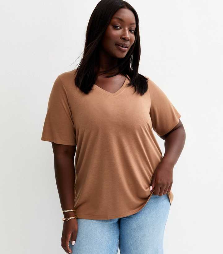 Curves Tan V-Neck T-Shirt