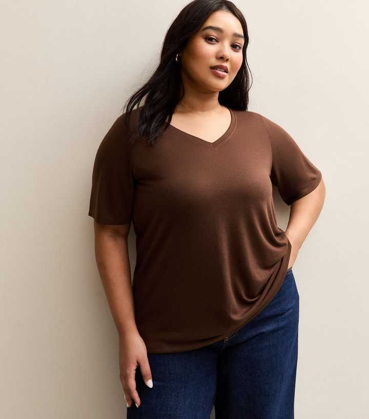 Curves Brown V-Neck T-Shirt