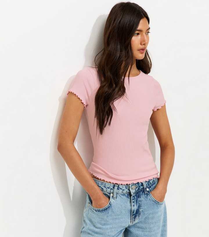 Light Pink Ribbed Jersey Frilly Trim Short Sleeve Top