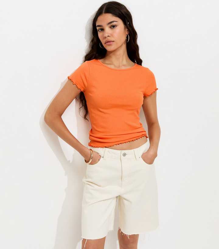 Bright Orange Ribbed Jersey Frilly Trim Short Sleeve Top