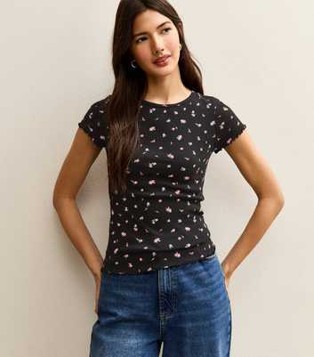 Black Floral Print Short Sleeve Ribbed Jersey Top