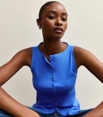 Blue Button Through Tank Top
