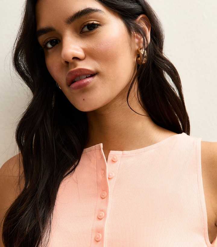 Light Coral Button Through Tank Top