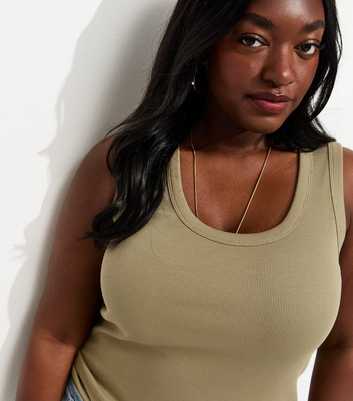 Curves Light Khaki Ribbed Scoop Neck Vest