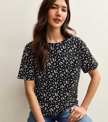 Black Floral Cotton Crew Neck T-Shirt