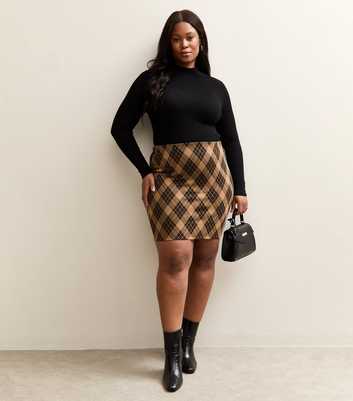 Curves Brown Checked Jacquard Tube Skirt