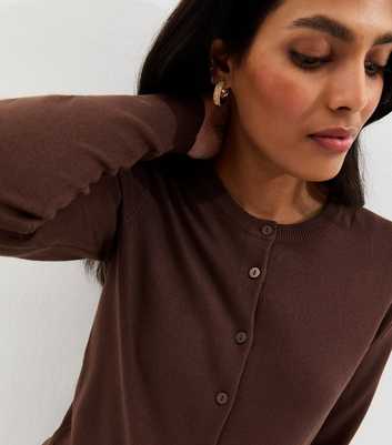 Brown Knit Crew Neck Button Up Cardigan