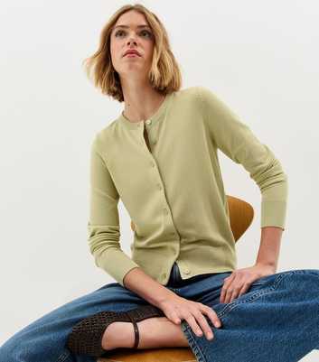 Light Green Knit Crew Neck Button Up Cardigan
