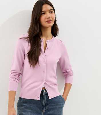 Pink Knit Crew Neck Button Up Cardigan