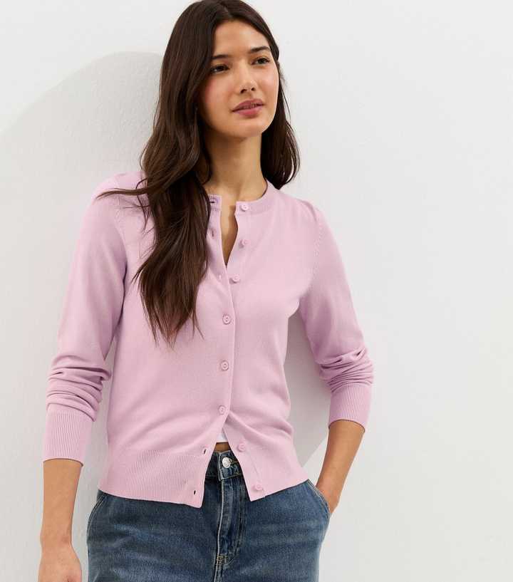 Pink Knit Crew Neck Button Up Cardigan