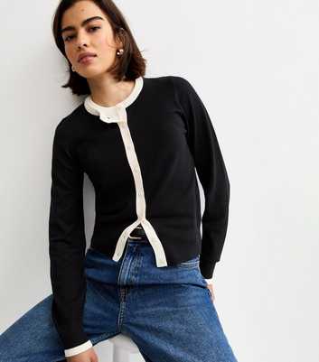 Black Trimmed Crew Neck Knit Cardigan
