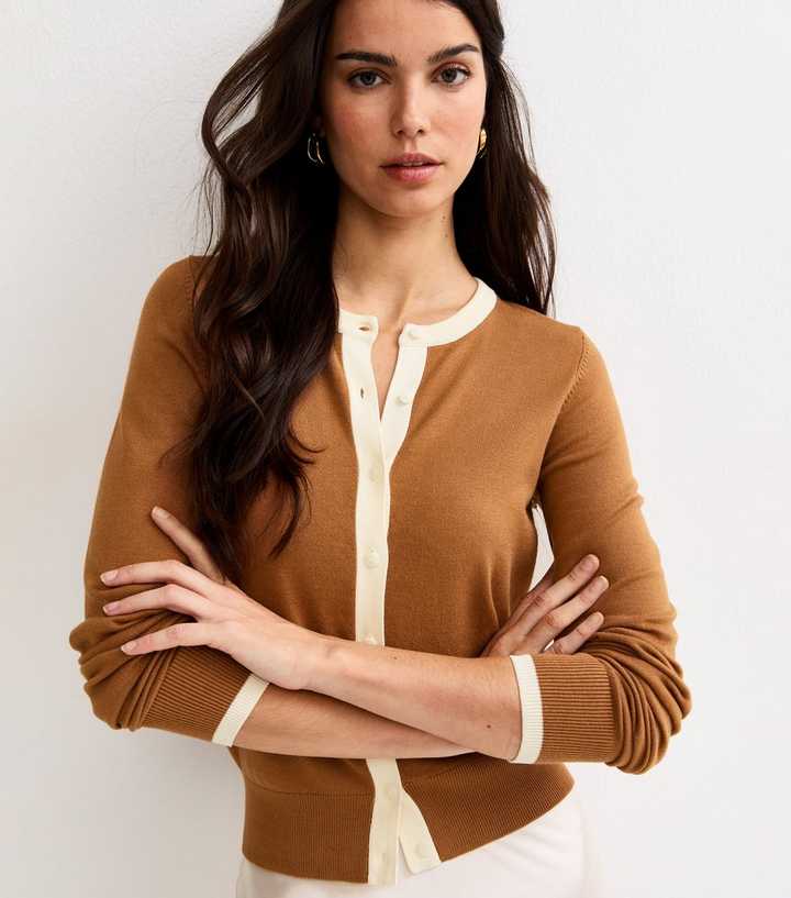 Brown Trimmed Crew Neck Knit Cardigan
