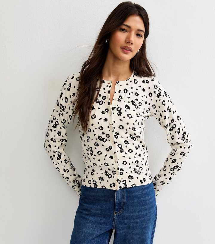 White Floral Crew Neck Cardigan