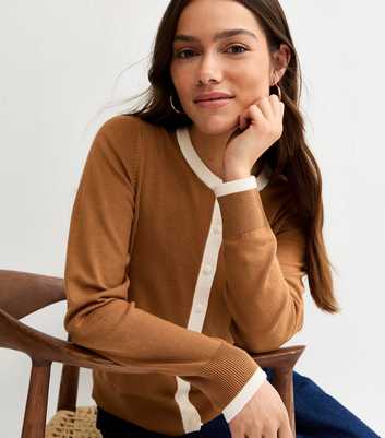 Petite Brown Lightweight Contrast Rib Cardigan