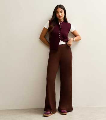 Petite Dark Brown Crinkled Jersey Wide Leg Trousers