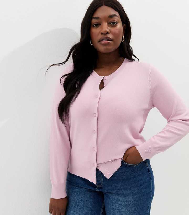 Curves Pink Lightweight Crew Neck Cardigan