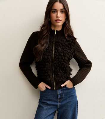 Dark Brown Looped Fringe Zip Up Jacket