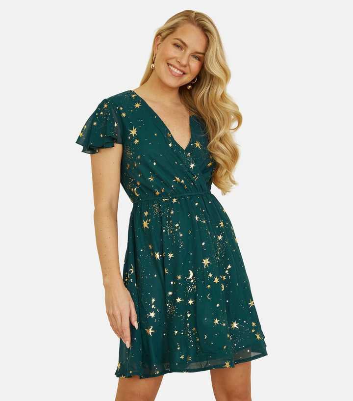 Yumi Green Foil Star Wrap Dress
