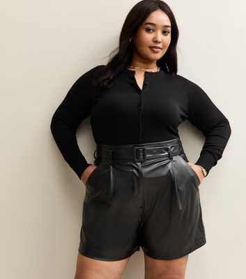 Curves Black Faux Leather Belted Shorts