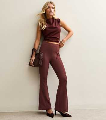 Petite Dark Brown Front Seam Flared Trousers