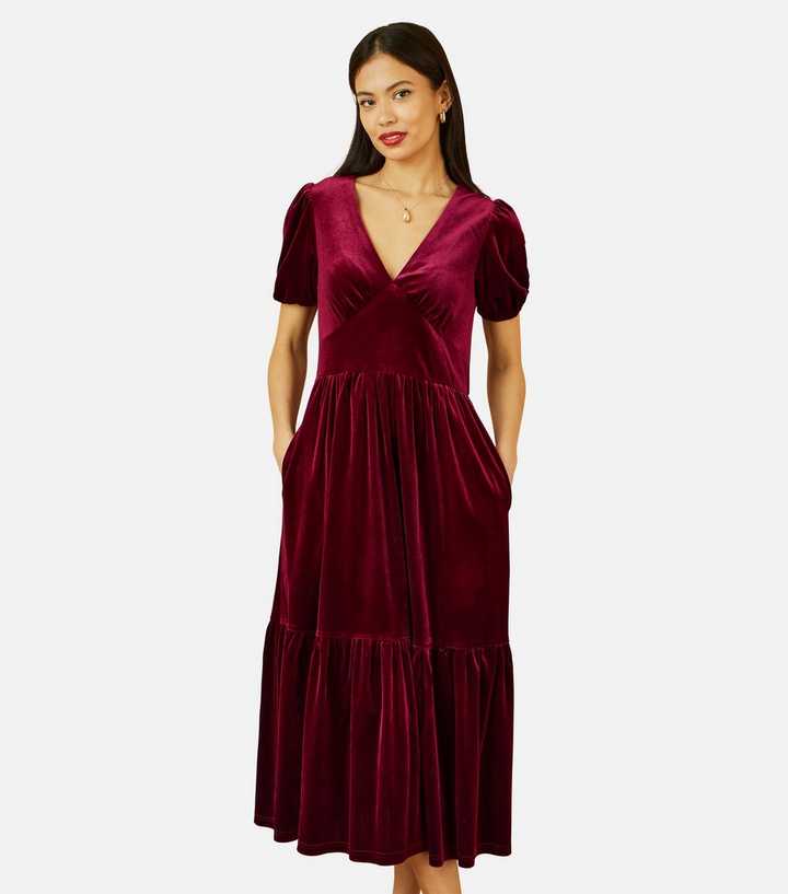 Yumi Burgundy Velvet Tiered Midi Dress