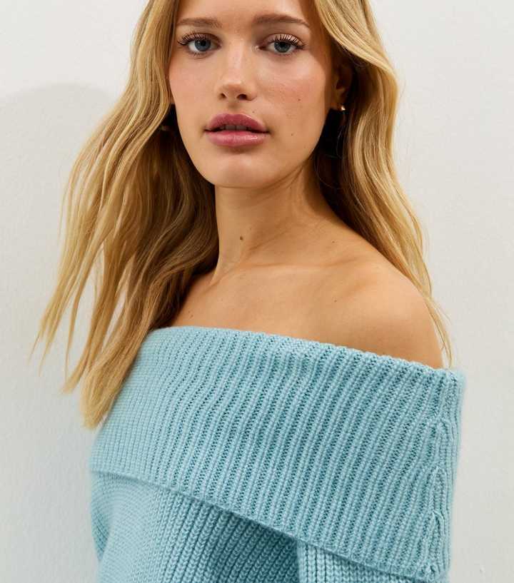 Blue Ribbed Bardot Knit Jumper