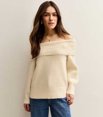 Petite Cream Ribbed Bardot Off The Shoulder Jumper