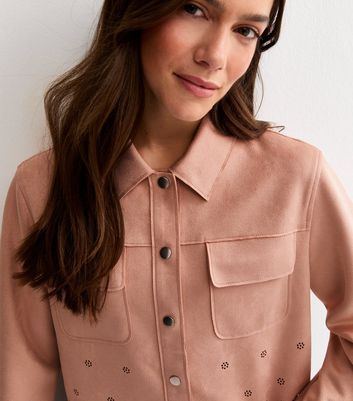 Petite Light Pink Cutwork Faux Suede Shacket